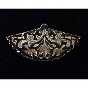 Antique 1940s Spanish Damascus 24k Gold Inlay Leaves Fan Brooch